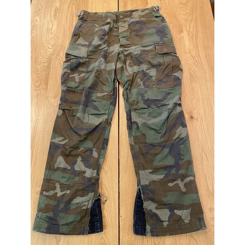 Custom Vintage Army Military camouflage pants Wide Leg altered W/Black Denim Hem